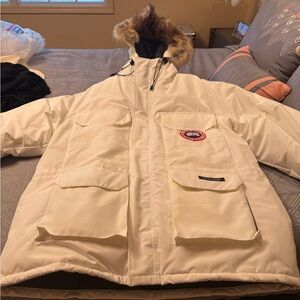 Canada Goose Cream Puffer Jacket with Fur Hood